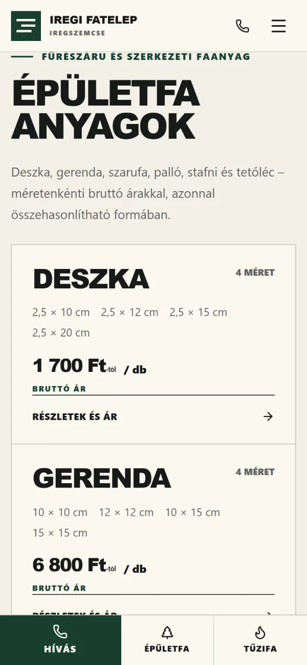 The Iregi Fatelep catalogue on a phone: boards and beams with sizes and gross prices, and a fixed call bar.
