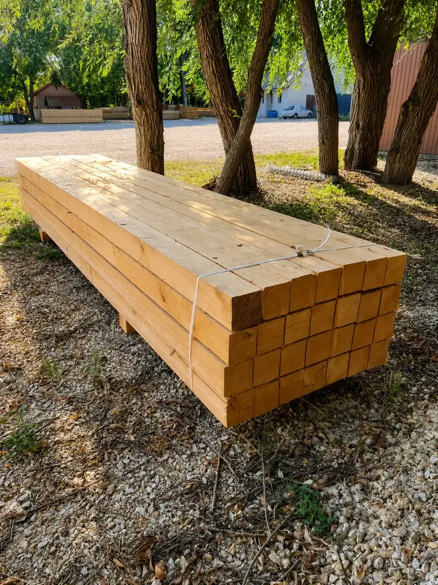 Bundled beams stacked on gravel in the shade of the trees at the Iregi Fatelep yard.