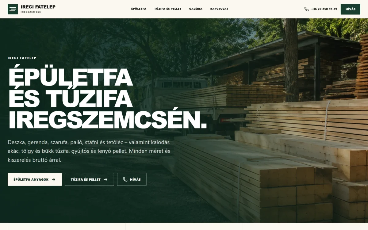 Iregi Fatelep website: “Building timber and firewood in Iregszemcse” over a photograph of the yard.