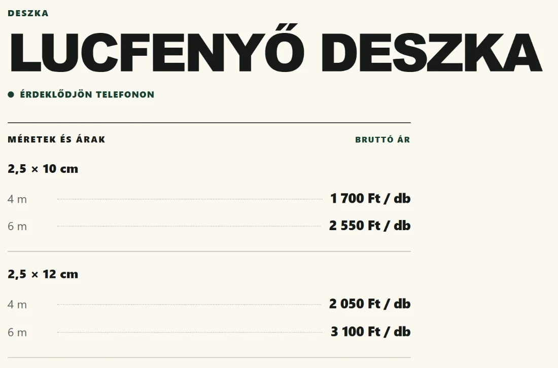Iregi Fatelep price page for spruce boards: gross price per piece for each size and length.